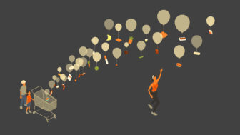 A person chases floating balloons attached to various food items like pizza, meat, and vegetables, while a family with a shopping cart watches.