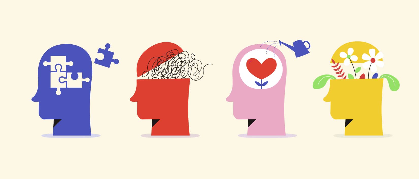 Illustration of four heads: one with puzzle pieces, one with tangled lines, one with a heart being watered, and one with flowers growing. Represents various mental states and the concept of mental health and growth within a supportive community.