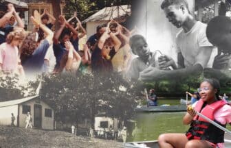 A collage showcases diverse groups of people: young adults in a circle raising their arms, a black-and-white image of a man helping a child, a historic building bustling with activity, and a girl smiling while paddling a canoe in her life jacket. This scene reflects vibrant volunteer opportunities within the community.
