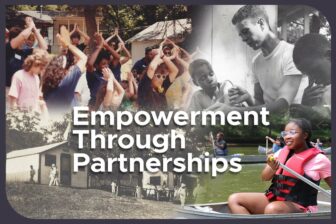 A collage showcases diverse people engaging in activities like clapping, learning, and rowing. The text "Empowerment Through Partnerships" stands out prominently. Historic images of community gatherings add depth to the background.
